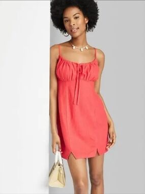 Wild Fable Dress Womens Medium Red Ruched Linen Mini Slip Dress NWOT